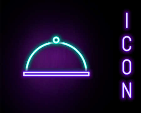 Glowing neon line Covered with a tray of food icon isolated on black background. Tray and lid. Restaurant cloche with lid. Kitchenware symbol. Colorful outline concept. Vectorのイラスト素材