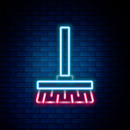 Glowing neon line Handle broom icon isolated on brick wall background. Cleaning service concept. Colorful outline concept. Vectorのイラスト素材