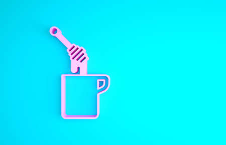 Pink Honey dipper stick with dripping honey icon isolated on blue background. Honey ladle. Minimalism concept. 3d illustration 3D renderの写真素材