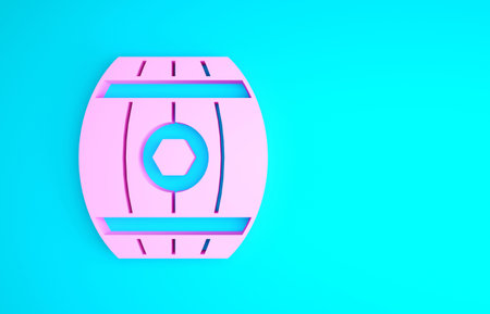 Pink Wooden barrel with honey icon isolated on blue background. Minimalism concept. 3d illustration 3D renderの写真素材