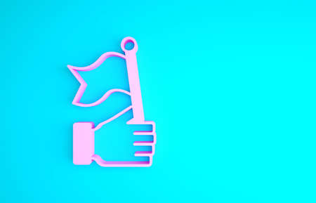 Pink Hand holding flag icon isolated on blue background. Victory, winning and conquer adversity concept. Minimalism concept. 3d illustration 3D renderの写真素材