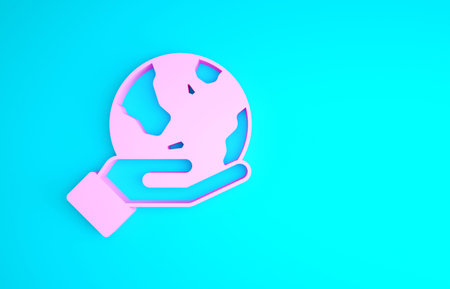 Pink Human hand holding Earth globe icon isolated on blue background. Save earth concept. Minimalism...