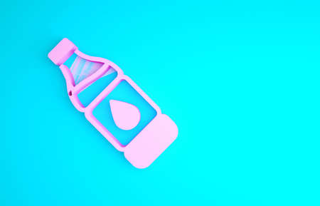Pink Bottle of water icon isolated on blue background. Soda aqua drink sign. Minimalism concept. 3d illustration 3D renderの写真素材