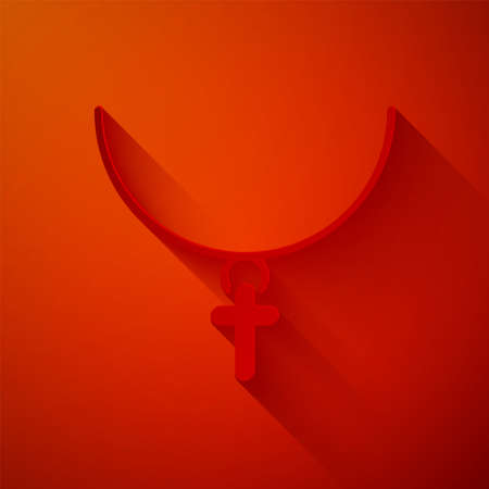 Paper cut Christian cross on chain icon isolated on red background. Church cross. Paper art style. Vector Illustrationのイラスト素材