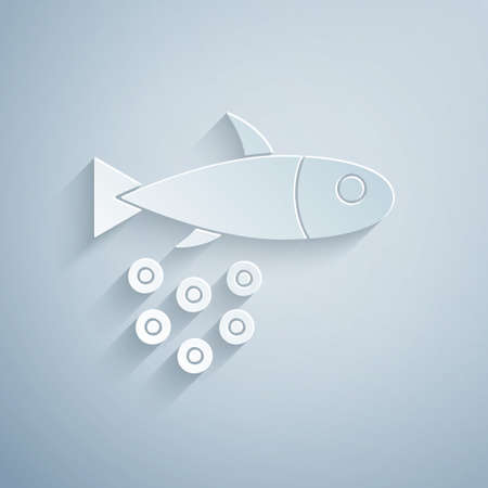 Paper cut Fish with caviar icon isolated on grey background. Paper art style. Vector..のイラスト素材