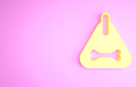 Yellow Dog collar with name tag and bone plaque icon isolated on pink background. Supplies for domestic animal. Cat and dog care. Pet dog chains. Minimalism concept. 3d illustration 3D renderの写真素材