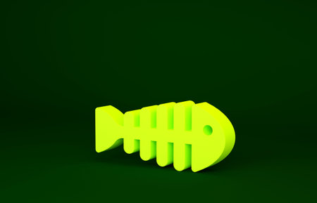 Yellow Fish skeleton icon isolated on green background. Fish bone sign. Minimalism concept. 3d...