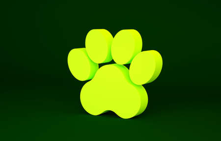 Yellow Paw print icon isolated on green background. Dog or cat paw print. Animal track. Minimalism concept. 3d illustration 3D renderの写真素材