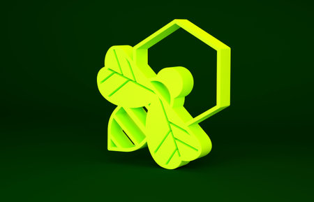 Yellow Bee and honeycomb icon isolated on green background. Honey cells. Honeybee or apis with wings...