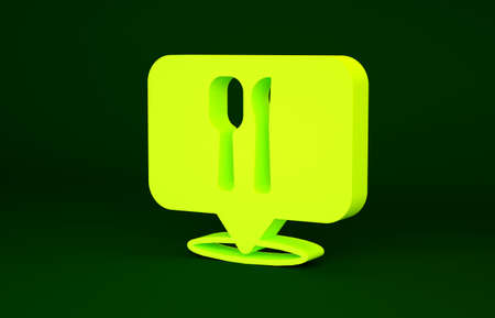Yellow Cafe and restaurant location icon isolated on green background. Fork and spoon eatery sign inside pinpoint. Minimalism concept. 3d illustration 3D render.の写真素材