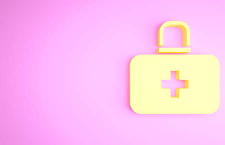 Yellow First aid kit icon isolated on pink background. Medical box with cross. Medical equipment for emergency. Healthcare concept. Minimalism concept. 3d illustration 3D renderの写真素材
