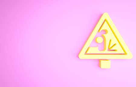 Yellow Warning road sign throwing stone materials icon isolated on pink background. Traffic rules and safe driving. Minimalism concept. 3d illustration 3D renderの写真素材