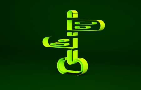 Yellow Road traffic sign. Signpost icon isolated on green background. Pointer symbol. Isolated...
