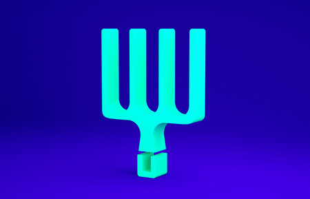 Green Garden pitchfork icon isolated on blue background. Garden fork sign. Tool for horticulture, agriculture, farming. Minimalism concept. 3d illustration 3D renderの写真素材