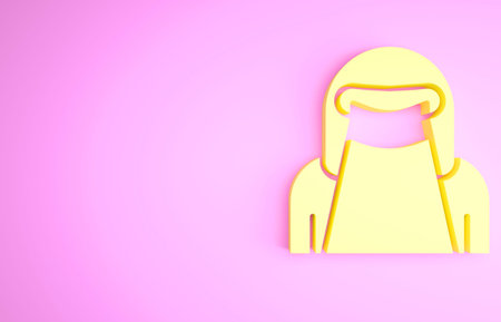 Yellow Muslim woman in niqab icon isolated on pink background. Minimalism concept. 3d illustration...