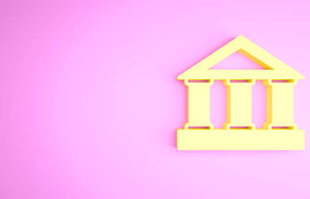 Yellow Bank building icon isolated on pink background. Minimalism concept. 3d illustration 3D renderの写真素材