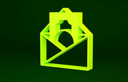 Yellow Envelope with coin dollar symbol icon isolated on green background. Salary increase, money payroll, compensation income. Minimalism concept. 3d illustration 3D renderの写真素材