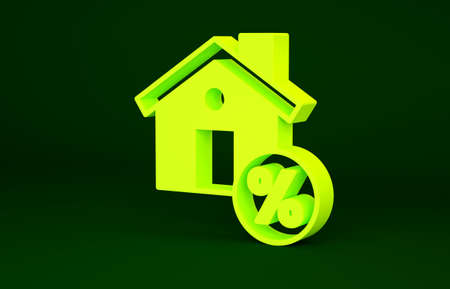 Yellow House with percant discount tag icon isolated on green background. Real estate home. Credit percentage symbol. Minimalism concept. 3d illustration 3D renderの写真素材