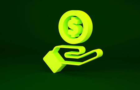 Yellow Human hand giving money icon isolated on green background. Receiving money icon. Minimalism concept. 3d illustration 3D renderの写真素材