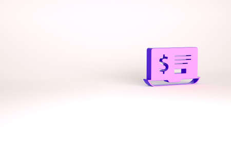 Purple Laptop with dollar icon isolated on white background. Sending money around the world, money transfer, online banking, financial transaction. Minimalism concept. 3d illustration 3D renderの写真素材