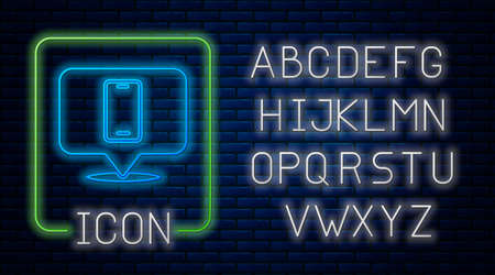 Glowing neon Phone repair service icon isolated on brick wall background. Adjusting, service, setting, maintenance, repair, fixing. Neon light alphabet. Vectorのイラスト素材