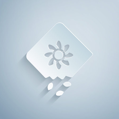 Paper cut Pack full of seeds of a specific plant icon isolated on grey background. Paper art style. Vectorのイラスト素材