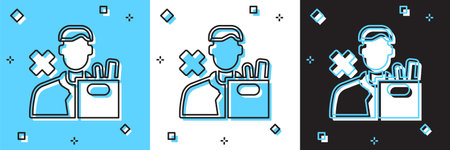 Set Dismissed sad young man carrying box with his personal belonging leaving his job icon isolated on blue and white, black background. Employee fired from work. Vectorのイラスト素材