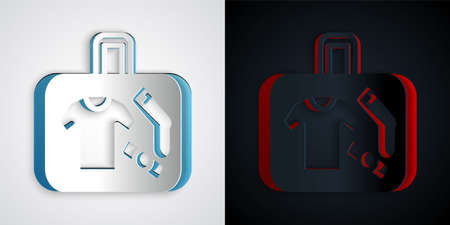 Paper cut Suitcase for travel icon isolated on grey and black background. Traveling baggage sign. Travel luggage icon. Paper art style. Vectorのイラスト素材