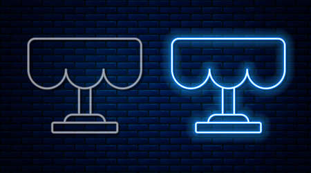 Glowing neon line Wooden table icon isolated on brick wall background. Street cafe. Vectorのイラスト素材
