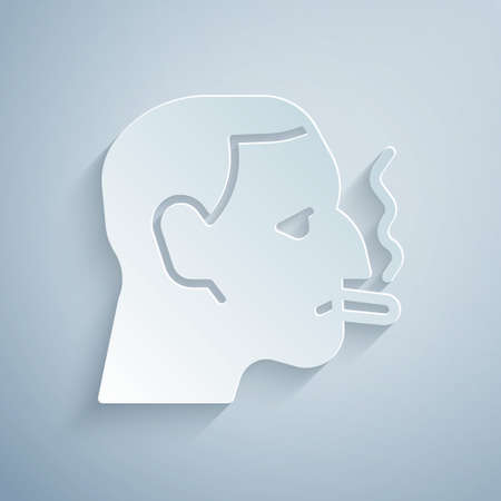 Paper cut Man smoking a cigarette icon isolated on grey background. Tobacco sign. Paper art style. Vectorのイラスト素材