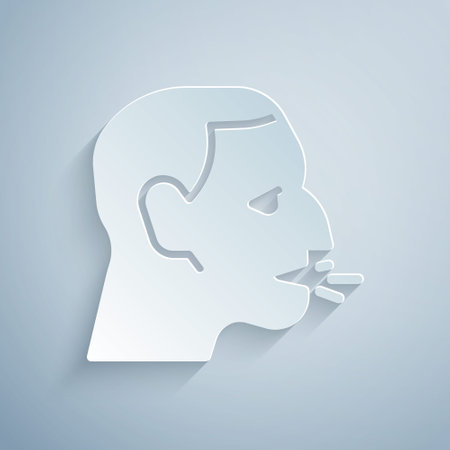 Paper cut Man coughing icon isolated on grey background. Viral infection, influenza, flu, cold symptom. Tuberculosis, mumps, whooping cough. Paper art style. Vectorのイラスト素材
