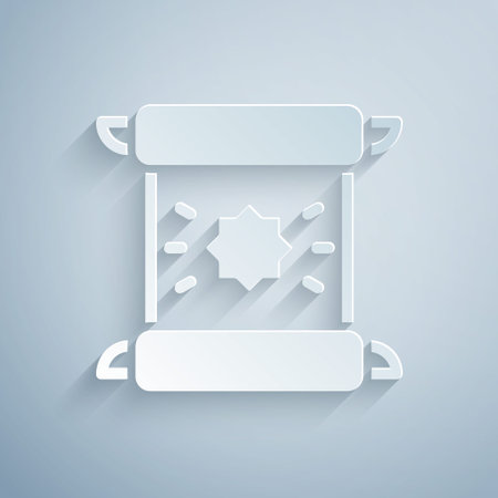 Paper cut Decree, paper, parchment, scroll icon icon isolated on grey background. Paper art style. Vectorのイラスト素材