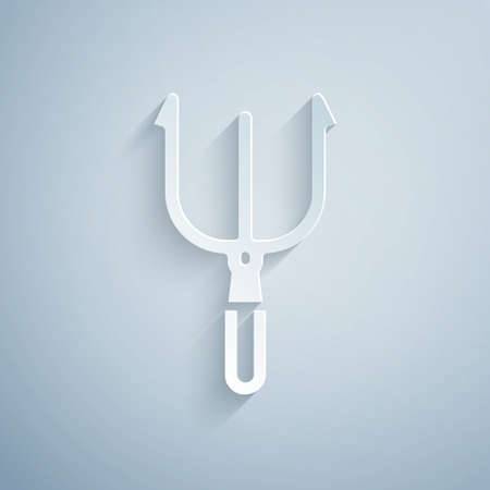 Paper cut Neptune Trident icon isolated on grey background. Paper art style. Vectorのイラスト素材