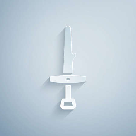 Paper cut Dagger icon isolated on grey background. Knife icon. Sword with sharp blade. Paper art style. Vectorのイラスト素材