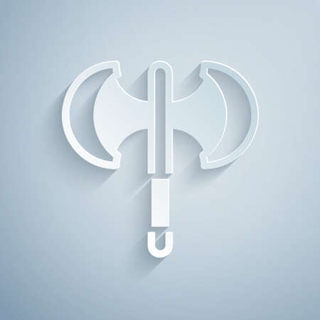 Paper cut Medieval poleaxe icon isolated on grey background. Paper art style. Vectorのイラスト素材