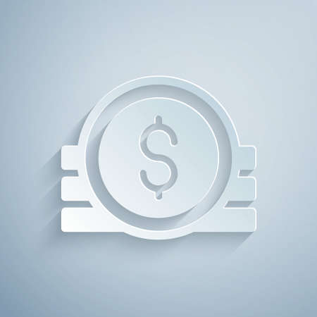 Paper cut Ancient coin icon isolated on grey background. Paper art style. Vectorのイラスト素材