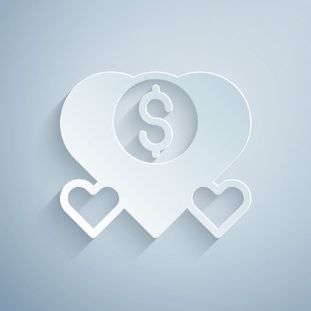 Paper cut Donation and charity icon isolated on grey background. Donate money and charity concept. Paper art style. Vectorのイラスト素材