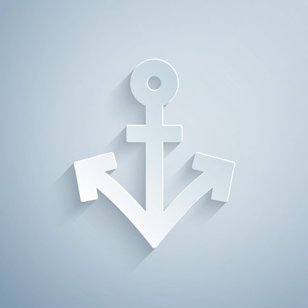 Paper cut Anchor icon isolated on grey background. Paper art style. Vectorのイラスト素材