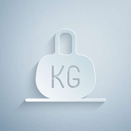 Paper cut Weight icon isolated on grey background. Kilogram weight block for weight lifting and scale. Mass symbol. Paper art style. Vectorのイラスト素材