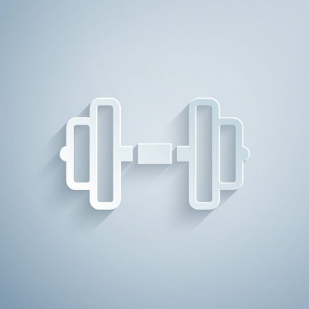 Paper cut Dumbbell icon isolated on grey background. Muscle lifting, fitness barbell, sports equipment. Paper art style. Vectorのイラスト素材