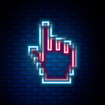 Glowing neon line Pixel hand cursor icon isolated on brick wall background. Pointer hand cursor. Colorful outline concept. Vectorのイラスト素材