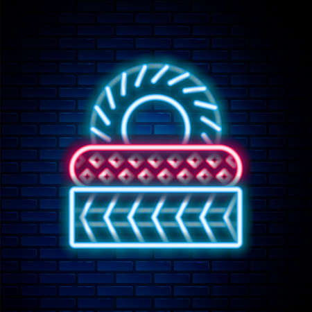 Glowing neon line Car tire icon isolated on brick wall background. Colorful outline concept. Vectorのイラスト素材