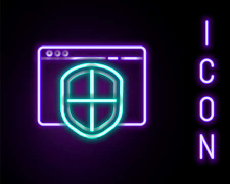Glowing neon line Browser with shield icon isolated on black background. Security, safety, protection, privacy concept. Colorful outline concept. Vectorのイラスト素材