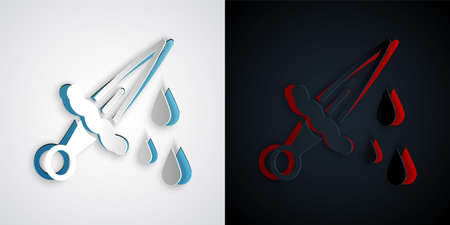 Paper cut Sword with blood icon isolated on grey and black background. Medieval weapons knight and soldier. Symbol of murder. Paper art style. Vectorのイラスト素材