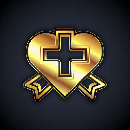 Gold Heart with a cross icon isolated on black background. First aid. Healthcare, medical and pharmacy sign. Vectorのイラスト素材