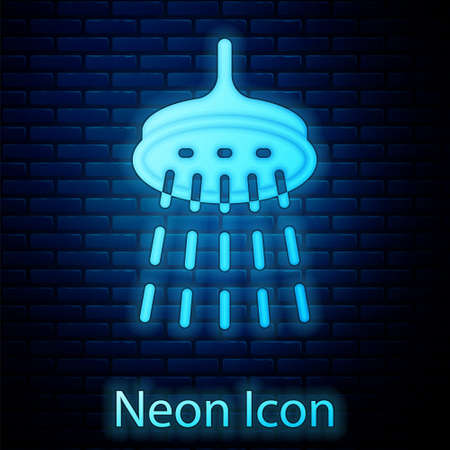 Glowing neon Shower head with water drops flowing icon isolated on brick wall background. Vectorのイラスト素材
