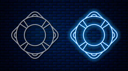 Glowing neon line Lifebuoy icon isolated on brick wall background. Lifebelt symbol. Vectorのイラスト素材