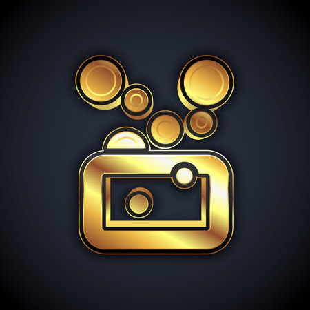 Gold Bar of soap icon isolated on black background. Soap bar with bubbles. Vectorのイラスト素材