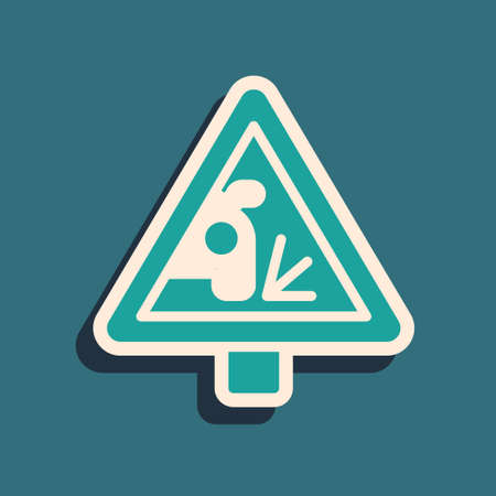 Green Warning road sign throwing stone materials icon isolated on green background. Traffic rules and safe driving. Long shadow style. Vectorのイラスト素材