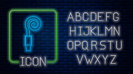 Glowing neon Birthday party horn icon isolated on brick wall background. Neon light alphabet. Vectorのイラスト素材